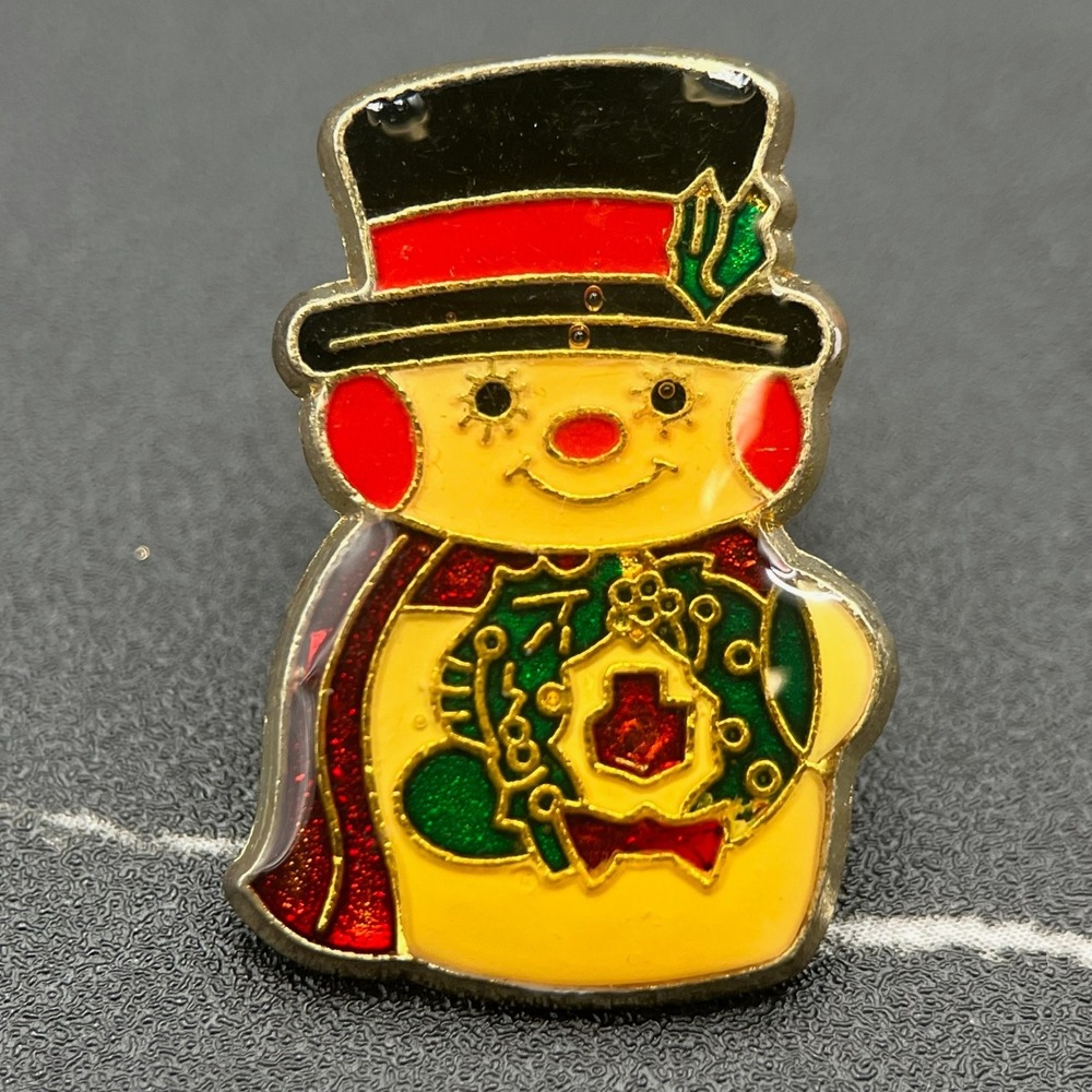 Vintage Gold-Tone Enamel Cute Snowman Adorable Holiday Christmas Lapel Pin